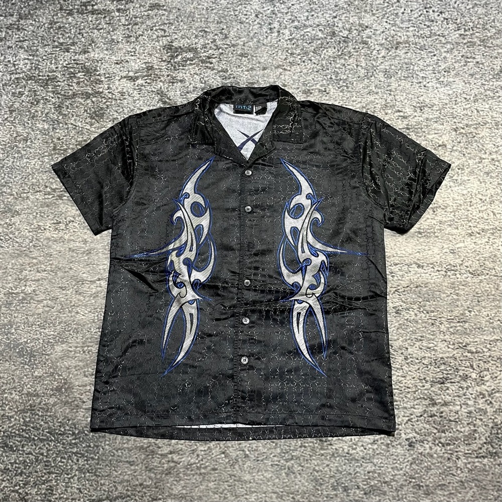 MT:2‎ Button Up Shirt Mens Medium Black Tribal Grunge Vintage Y2K Button Down